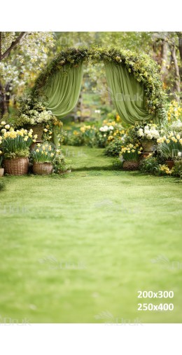 Tło fotograficzne „Wiosenna zielona altana z narcyzami w ogrodzie” | E692